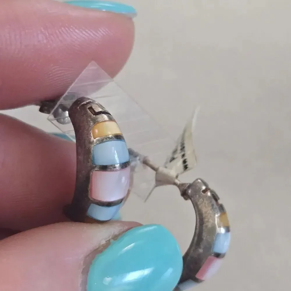Vintage Sterling 925 Inlay Pastel Blue Pink Yellow Mother Of Pearl Earrings